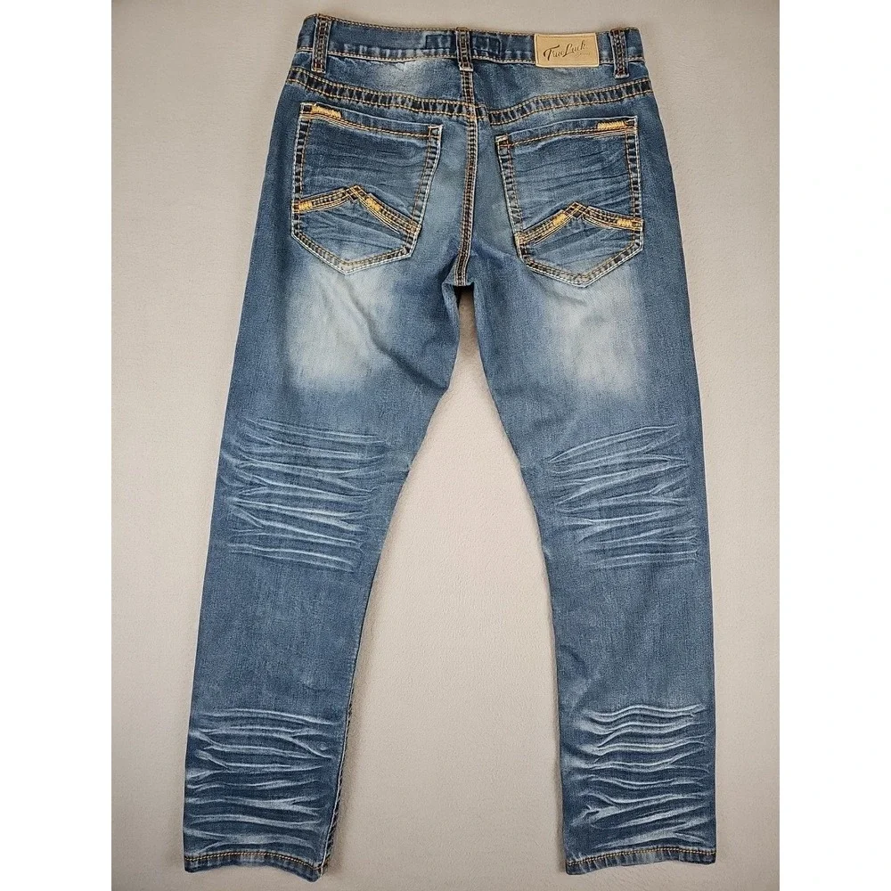 True Luck Jeans Men's 31x28.5 Medium Wash Straight Whiskered‎ Stretch Denim